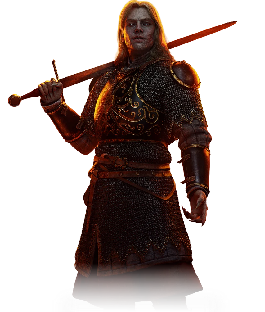 Official character art of Ambrus wearing ornate mail