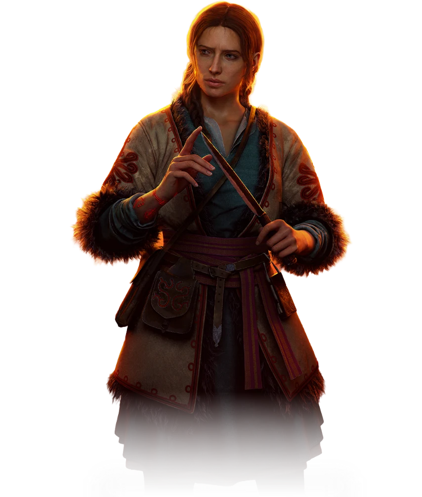 Official character art of Anca holding a book and showing runes on her wrist