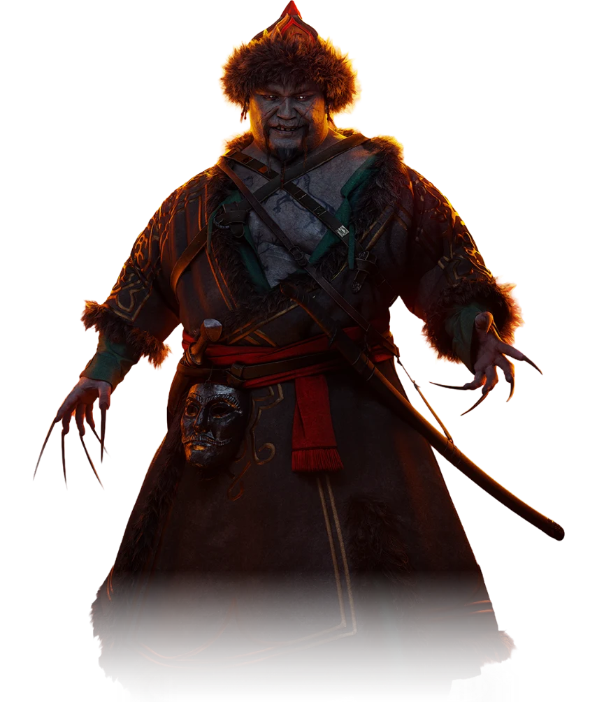 Official character art of Bakir with a metal mask at his belt
