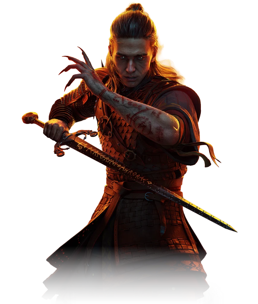 Official character art of Coen holding a rune-marked sword