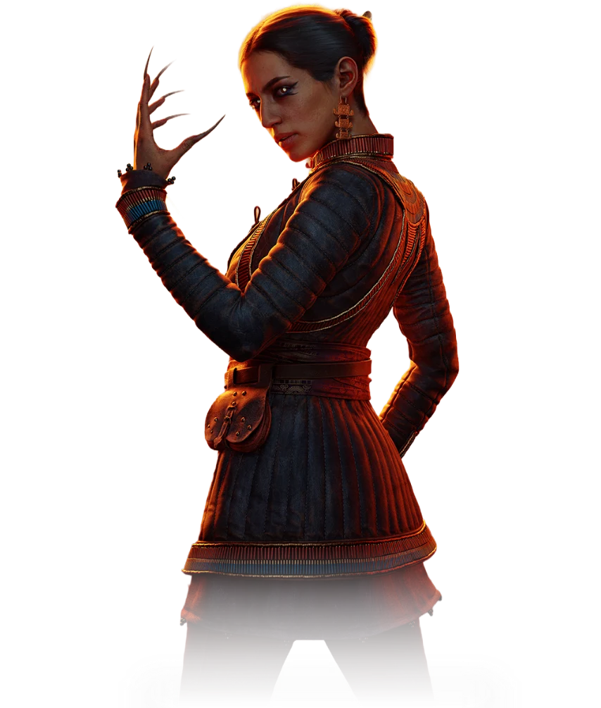 Official character art of Lacra in blue and red clothing with a bow