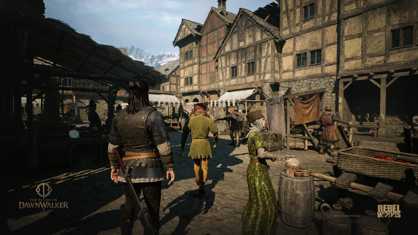 Coen moving through the Svartrau market, representing the people and relationships affected by player choices