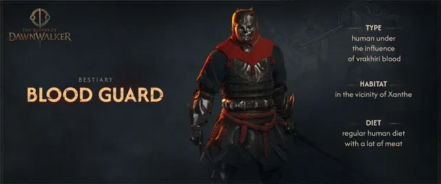 Official bestiary card showing a masked Blood Guard in red and black armor