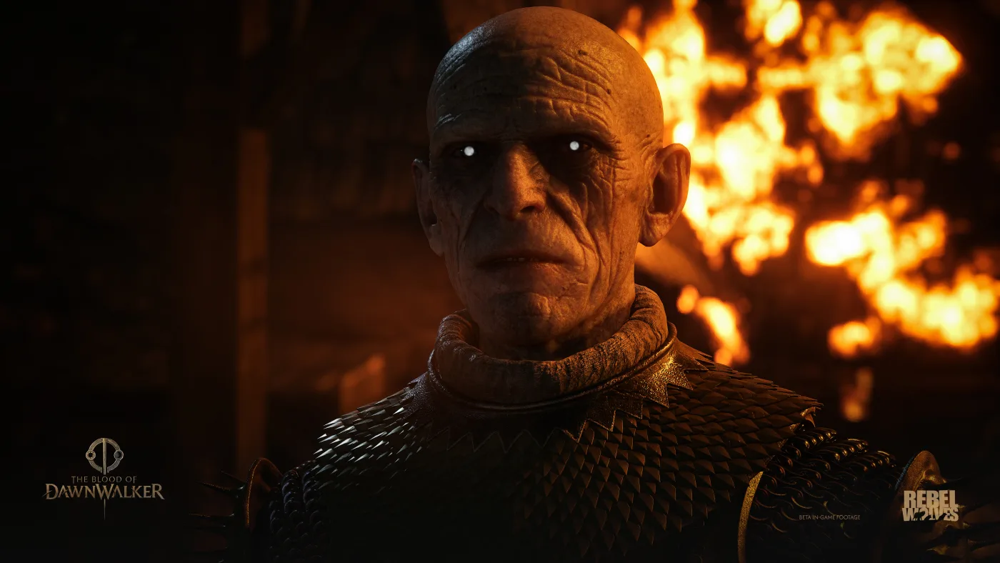 Official screenshot of a pale vampiric figure standing before fire, used to represent the danger of Blood Hunger