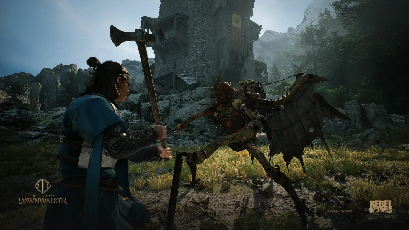 Official screenshot of Coen fighting a winged creature, representing vampiric power and close combat