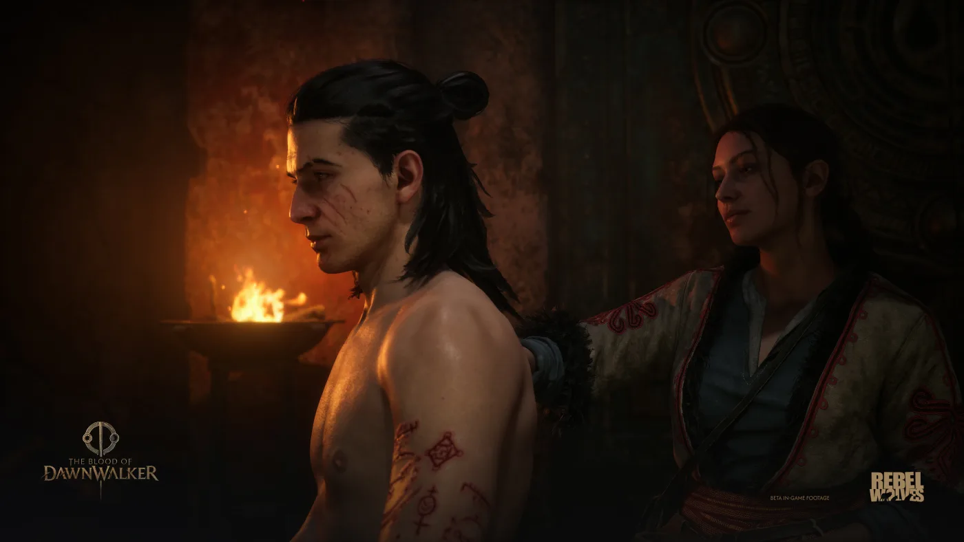 Official screenshot of Anca carving witchcraft runes into Coen's arm