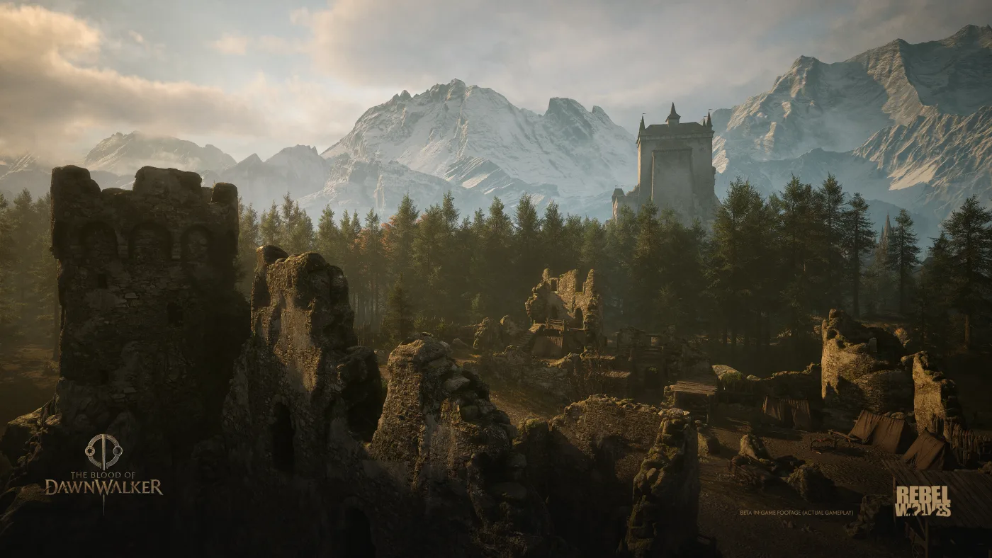 Official environmental art of ancient mountain ruins and a tower, used to evoke the legend of Howling Keep