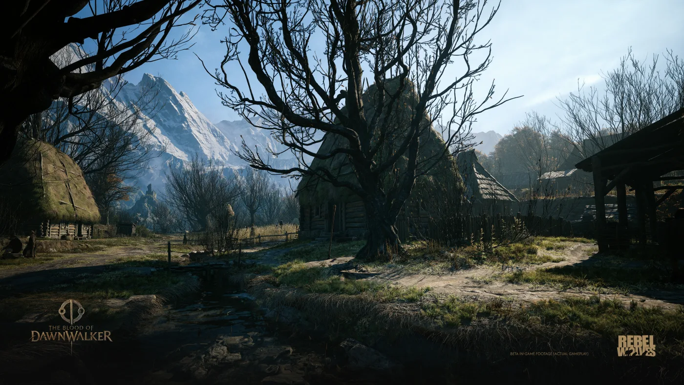 Official view of a wintry village with bare trees, wooden houses, and snowy mountains