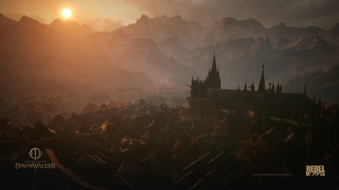 Official panorama of Svartrau, with walls and a cathedral overlooking the vale at sunset