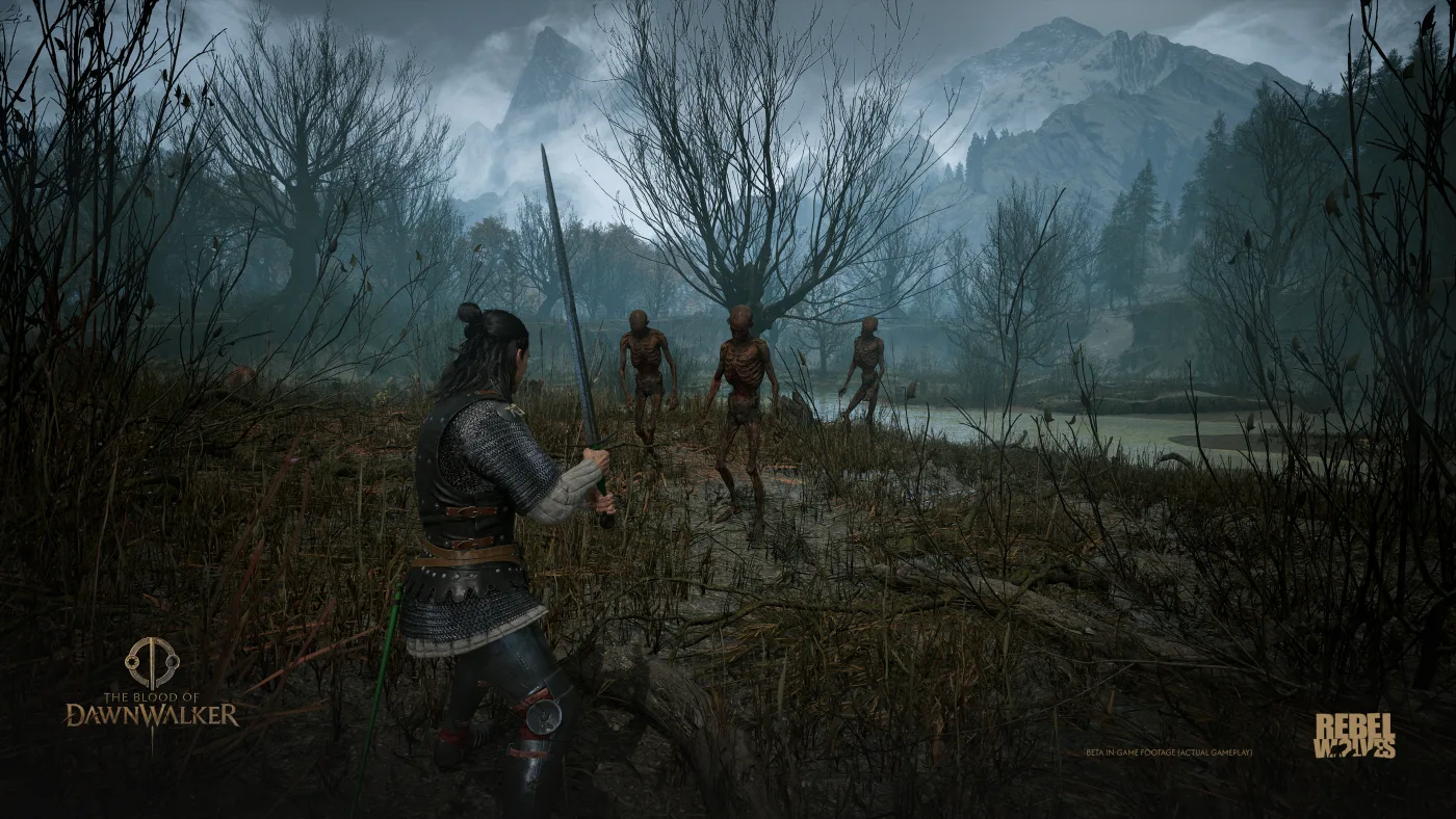 Official screenshot of Coen crossing a dense autumnal forest in Vale Sangora