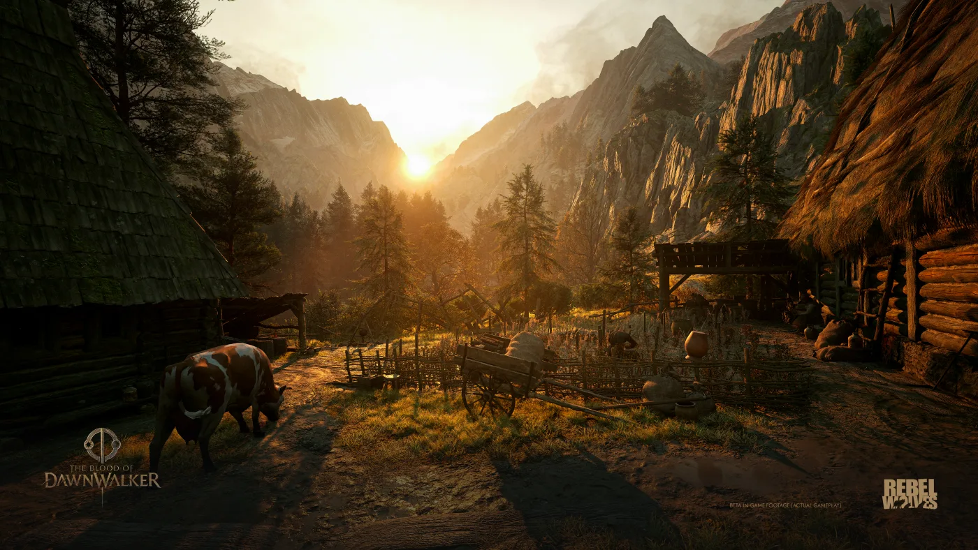 Official view of Vale Sangora with a village and the Carpathian Mountains in sunset light